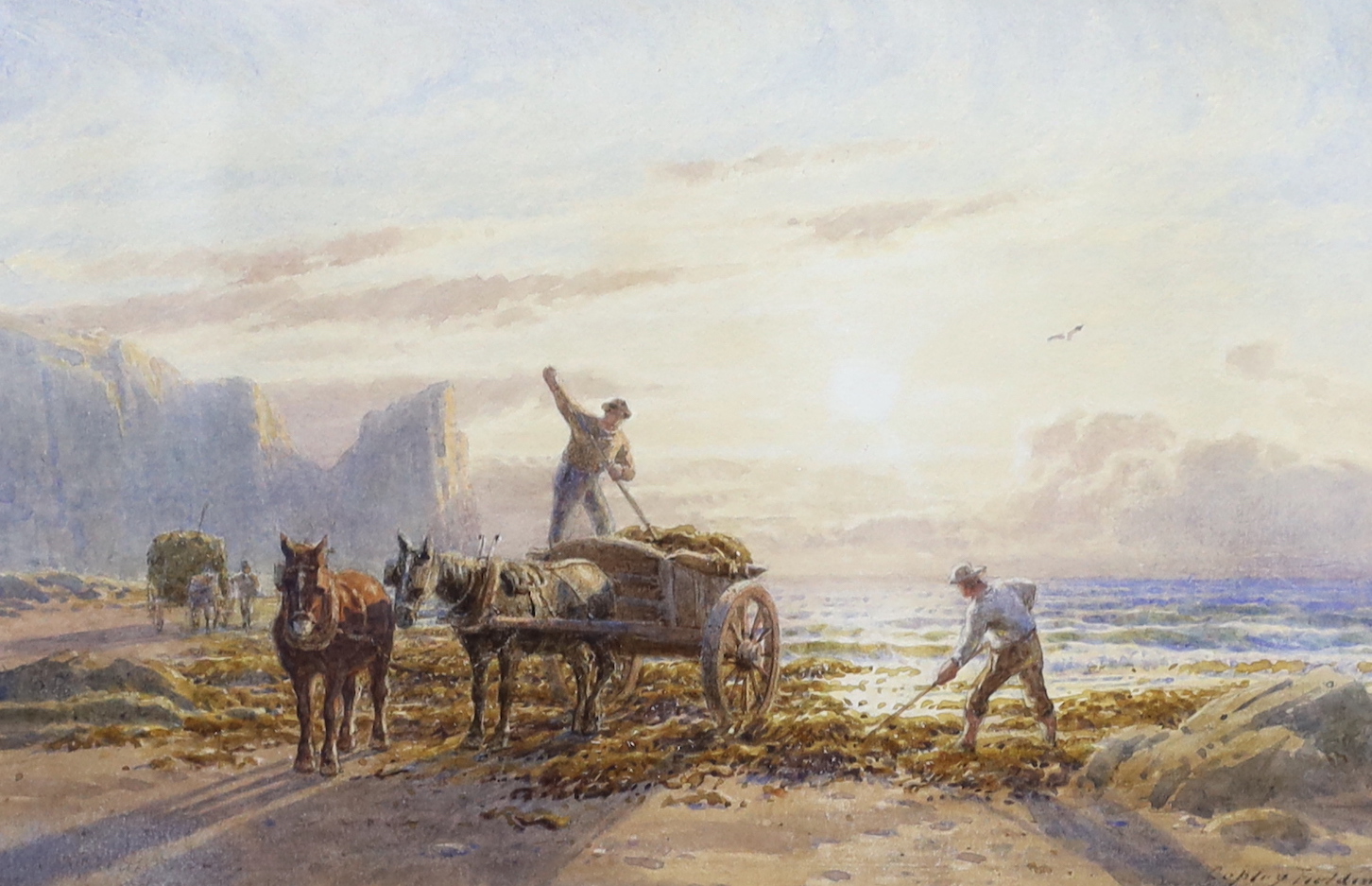 Copley Fielding (1787-1855), watercolour, Coastal landscape with horse and cart, signed, 17 x 26cm, maple framed